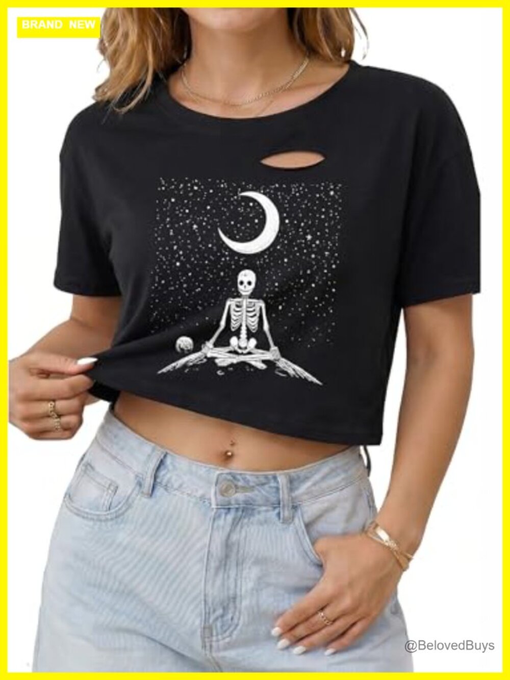 Women's Skeleton Graphic Crop Top Short Sleeve Cut Out Cotton Tee